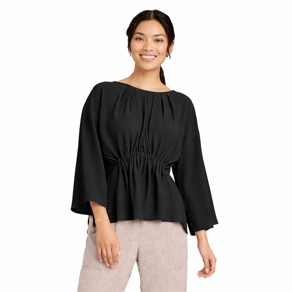 Black Pleated Blouse Pintuck 3/4 Sleeve Stretch Woven Minimalist Small Workwear